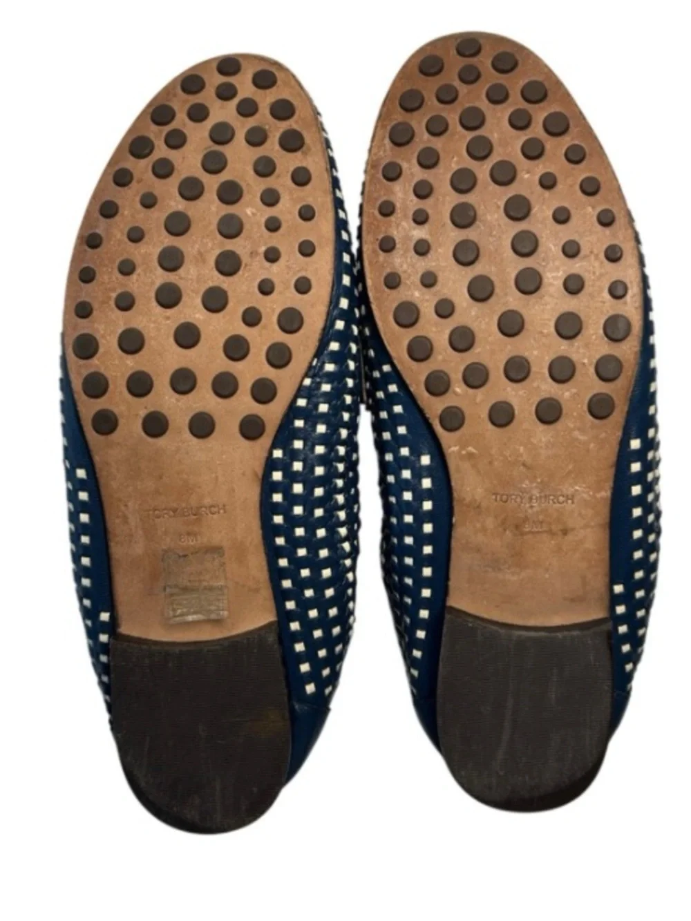 Tory Burch Woven Leather Ballet Loafers, slip-on, almond toe, double-T logo.